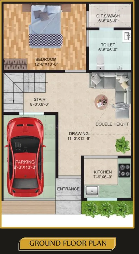 Trivor Imperial Homes — Ground floor plan of a villa showing bedroom, toilet, OTS/wash area, stairs, parking, drawing room, entrance, and kitchen.