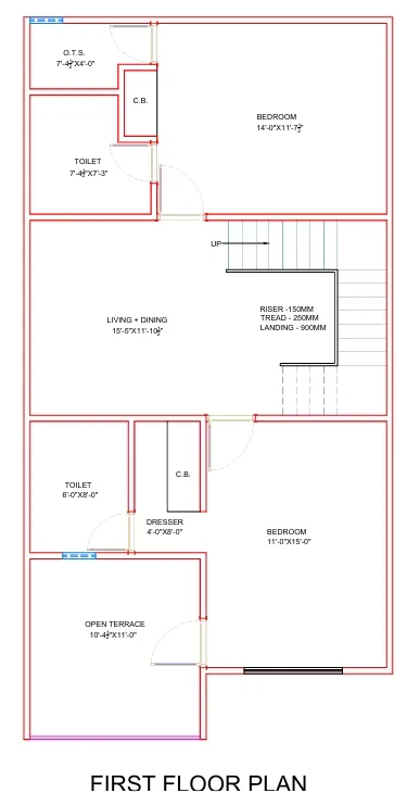 Essential Lotus Green 2 — First floor plan of a villa showing bedrooms, toilets, living+dining area, and open terrace.