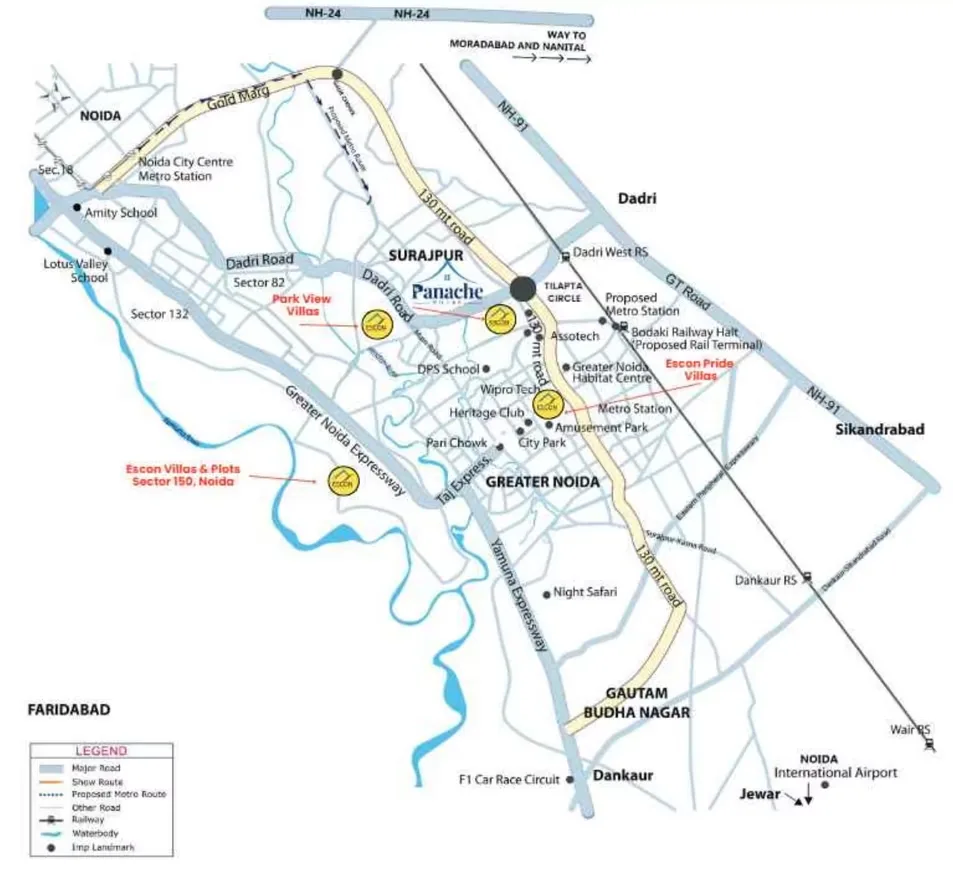 Escon Panache Villas — Location map showing major roads, metro lines, important landmarks and residential projects in Noida, Greater Noida, and surrounding areas