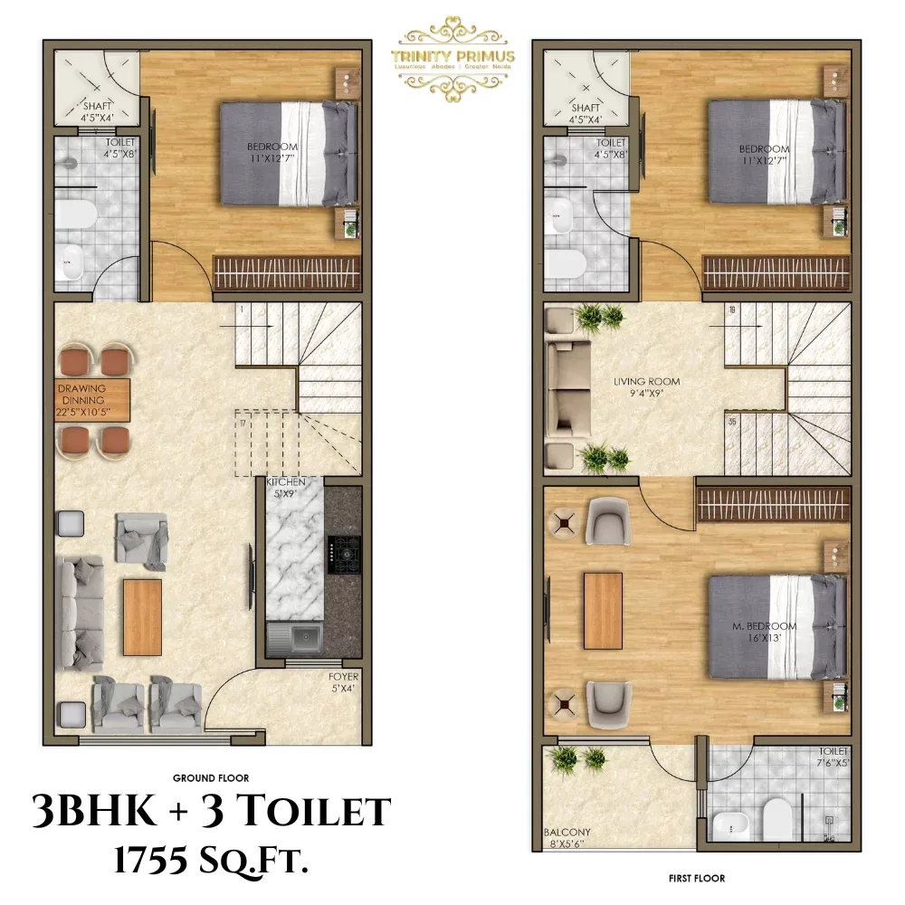 Trinity Primus 3 BHK 1755 sq ft villa floor plan, ground and first floor