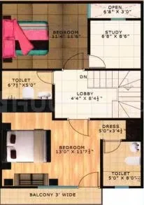 Shubh Villa — Floor plan showing two bedrooms, two toilets, a lobby, an open area, a study, a dress area, and a balcony.
