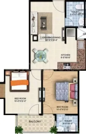 Rudransh Green Vista — Floor plan showing two bedrooms, drawing/dining, kitchen, two toilets, and a balcony.