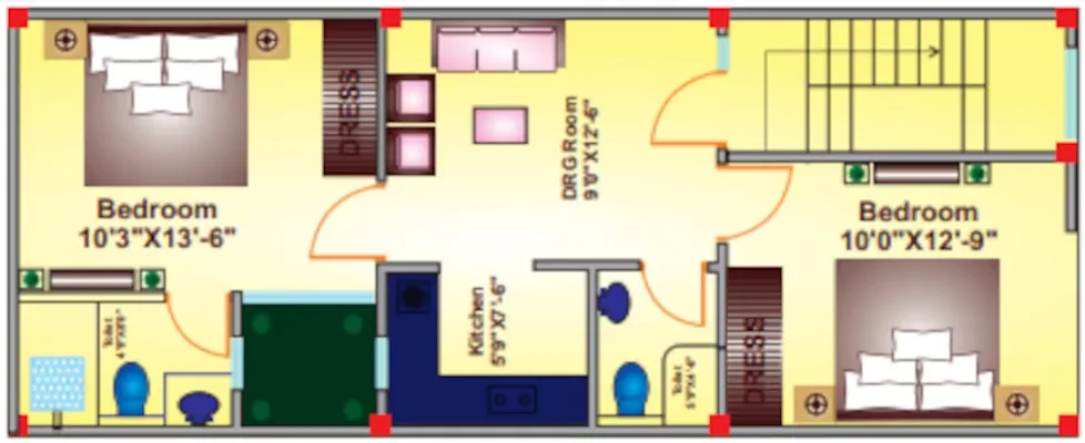 Sanskriti Garden Villas — Floor plan showing two bedrooms, kitchen, DRG room, and toilets. Includes dimensions for each area.