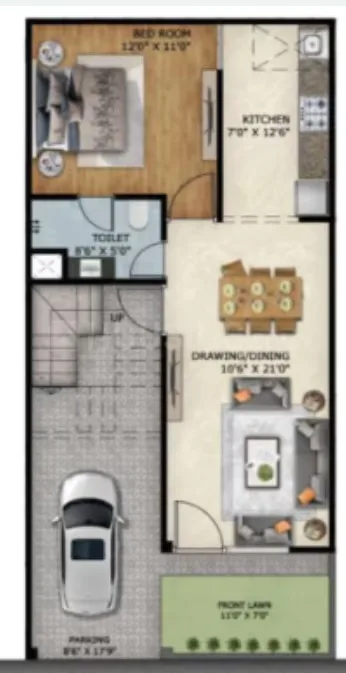 Paradise Palm Villa — Floor plan rendering showing a bedroom, kitchen, toilet, drawing/dining area, parking, and front lawn.