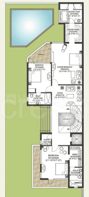 Jaypee Greens Villas — Floor plan showing swimming pool, terrace, master bedroom, sitting area, another bedroom, toilet, pantry and dress area.