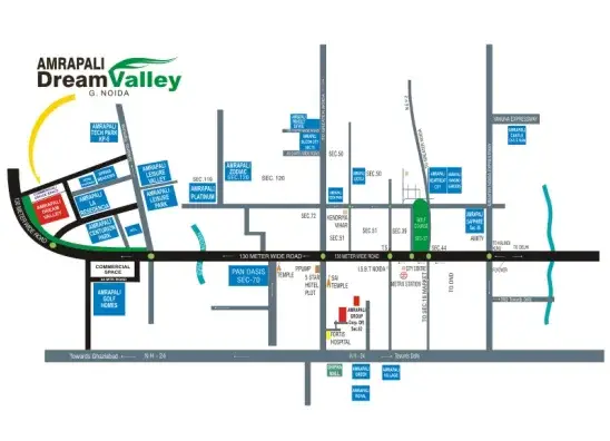 Amrapali Dream Valley location map on the 130-metre wide road in Greater Noida West, with Kisan Chowk, FNG Corridor and neighbouring Amrapali townships.