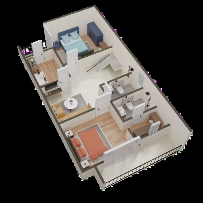 Green Villa 1 — 3D floor plan rendering showing two bedrooms, living area, two bathrooms, and a balcony.