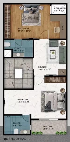Paradise Shree Ram Vatika — First-floor plan with two bedrooms, two bathrooms, a lounge, study, rear-open space, puja area, and a balcony.
