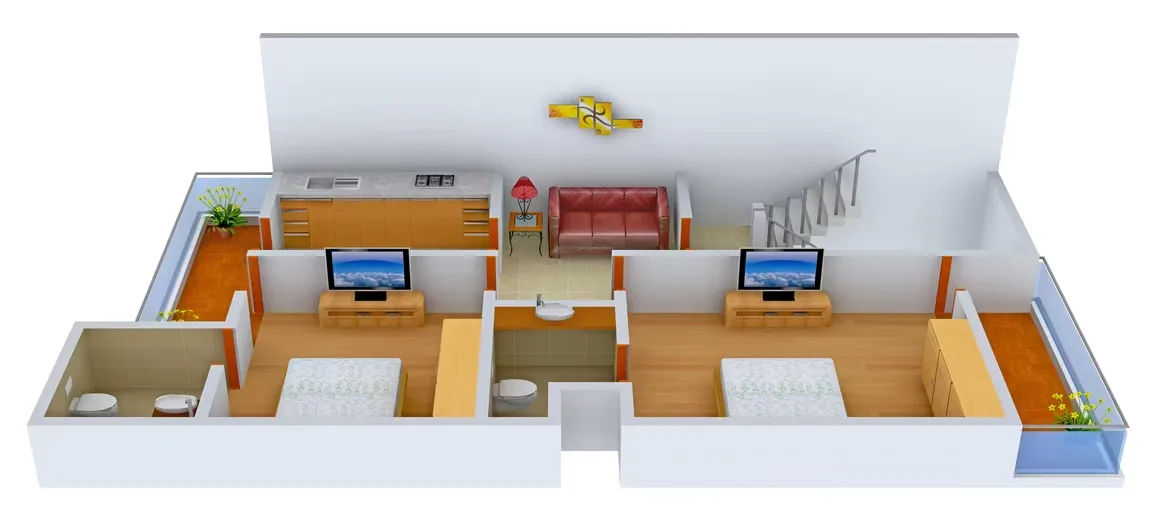 Supertech Holiday Village — 3D render of a floor plan showing two bedrooms, living area, kitchen, bathroom, and balcony