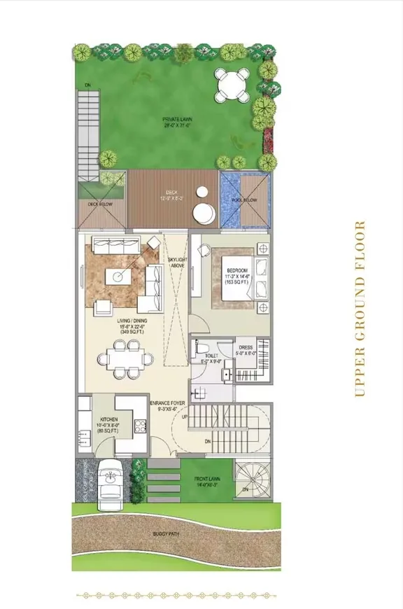 Rise Resort Residence Villa — Floor plan of a residential unit showing kitchen, living/dining area, bedroom, private lawn, deck, and front lawn.