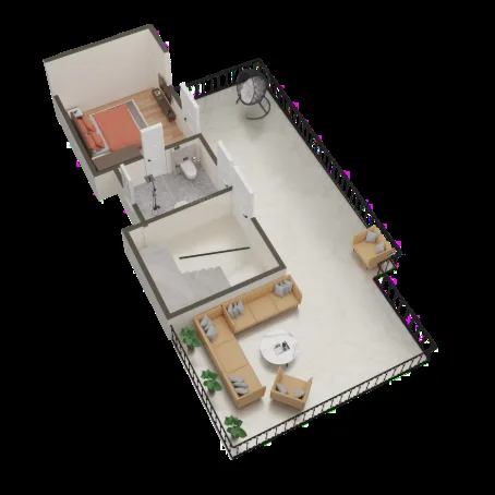 Divine Villas — 3D floorplan showing a bedroom, bathroom, stairs, and a large terrace with a sofa and chairs.