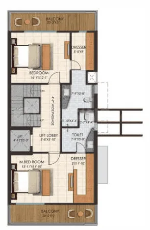 Sunrise Suntwilight Recreational Phase 1 — Floor plan showing two bedrooms, a lift, lift lobby, two toilets, two dressers, and two balconies.