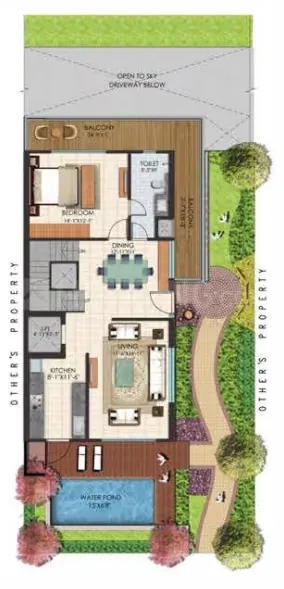 Sunrise Suntwilight Recreational Phase 1 — Floor plan of a villa unit showing ground and first floor layouts with a water pond and driveway.