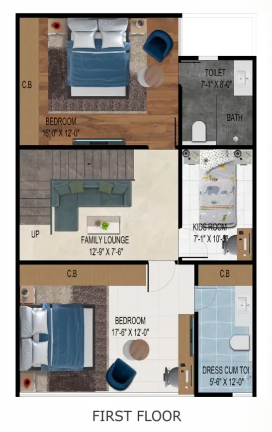 Real Homez Green Villa 2 — First floor plan with dimensions for two bedrooms, a kids room, family lounge, toilet, and dress cum toilet