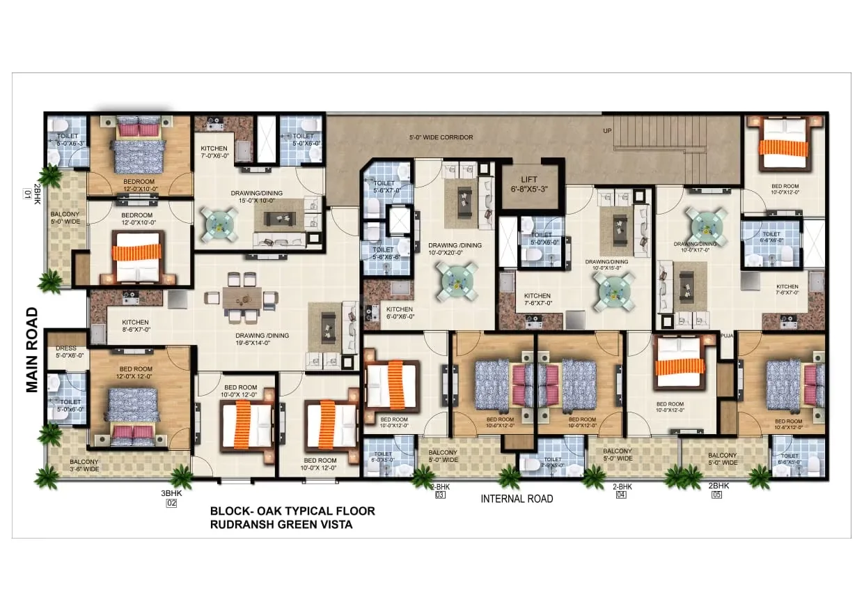 Rudransh Green Vista — Floor plan for Block-Oak, showing multiple units with dimensions for bedrooms, kitchen, drawing/dining areas, and balconies.