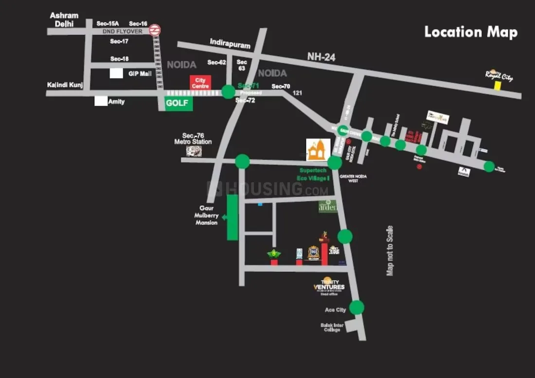 Trinity Primus — Location map showing major roads, metro stations, and landmarks around Supertech Eco Village.