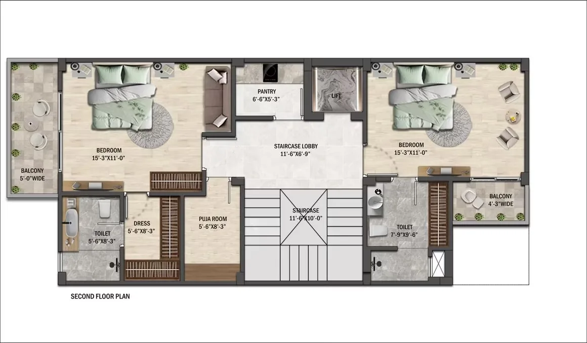 CNR Aurelia Estate Villas — Second floor plan with two bedrooms, attached bathrooms, dressers, balconies, puja room, pantry, staircase, and lift
