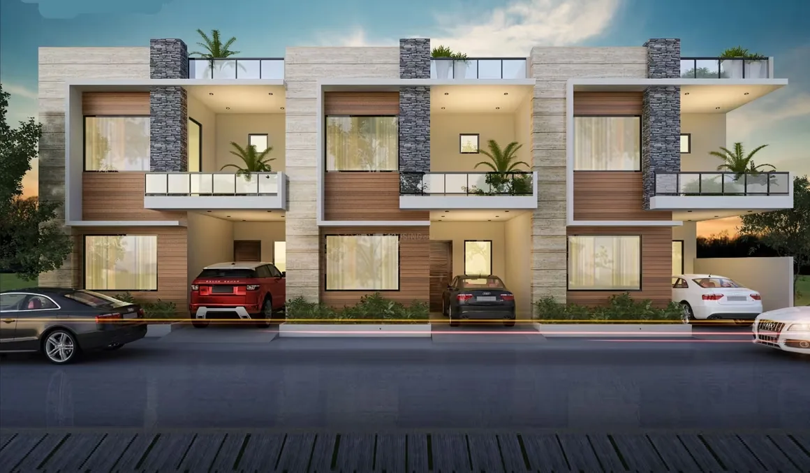 Signature Villas — A row of modern three-story villas with stone and wood facades, glass balconies, and cars parked in front.