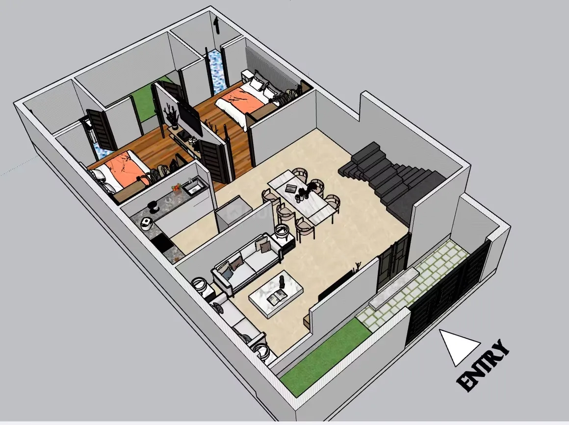 Cosy Rainbow Villa — 3D floor plan illustration of a residential unit showing two bedrooms, kitchen, living, dining, and a staircase.