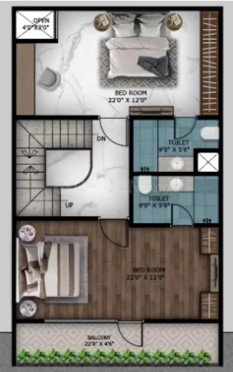 Paradise Krishna Vatika Luxurious Villas — Floor plan rendering showing two bedrooms with attached toilets, a balcony, and a staircase.