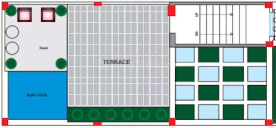 Sanskriti Garden Villas — Floor plan showing a terrace, baby pool, deck area, and stairs with green and light blue squares.