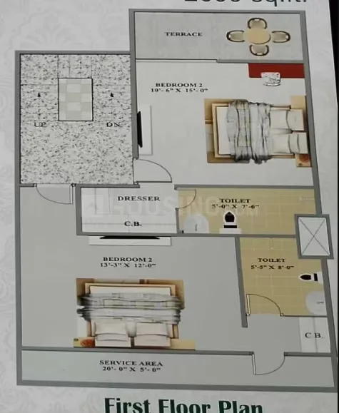 Shri Aroma Villas 2 — First floor plan showing two bedrooms, two toilets, a dresser, terrace, and service area.