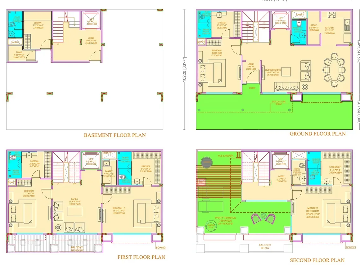 Ajnara Sports City Villas — Basement, ground, first, and second-floor plans of a residential villa.