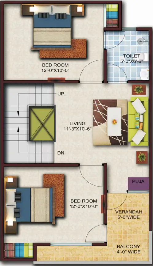 Krishna Orchid Villas first floor plan with two bedrooms, living, puja and verandah