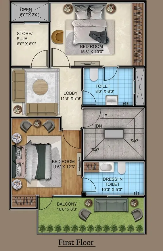 Divine Villas — First floor plan with two bedrooms, lobby, store/puja, open area, balcony, toilets, and stairs.
