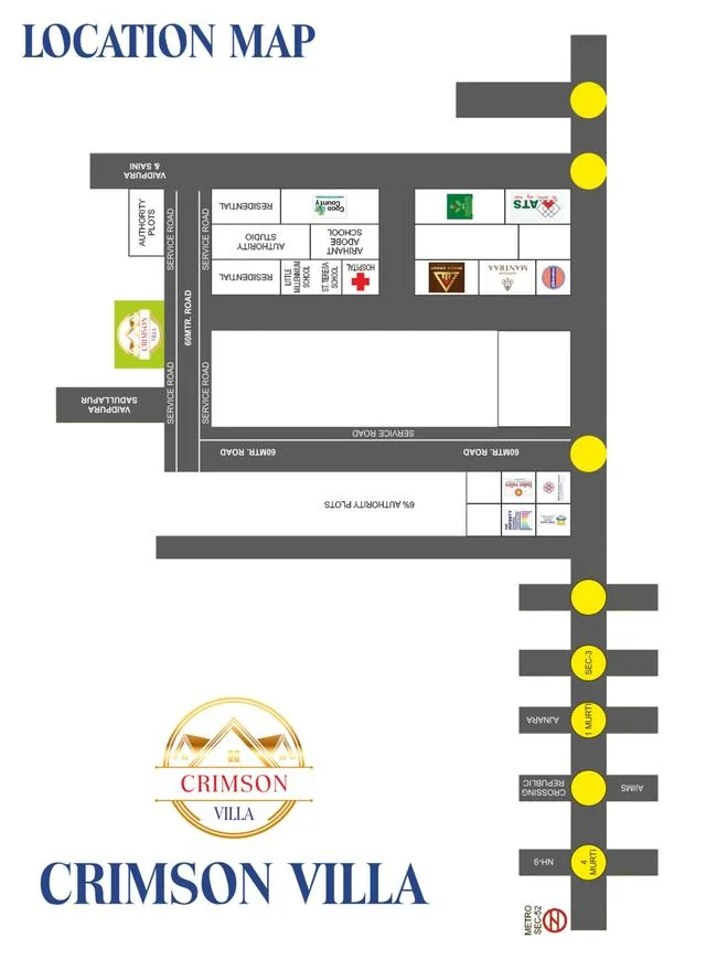 AB Crimson Villa — Location map for Crimson Villa showing nearby roads, schools, hospitals, residential areas, and metro station.