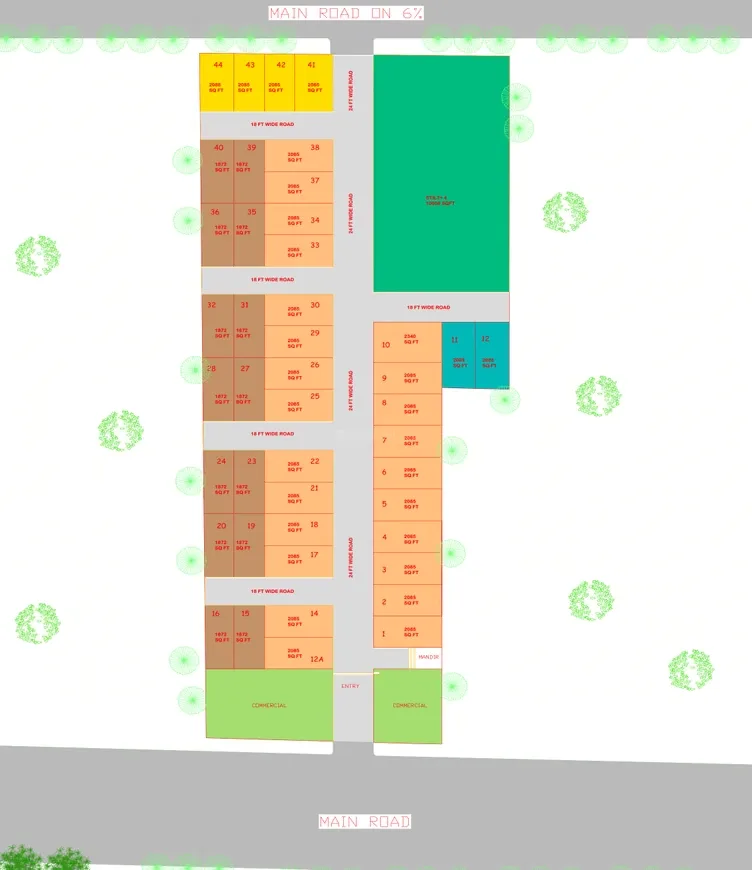 Rohit Tulsi Vatika Royal Villas — Site plan showing plot layouts numbered 1 to 44 with areas ranging from 1070 to 2000 sqft, roads and commercial areas.