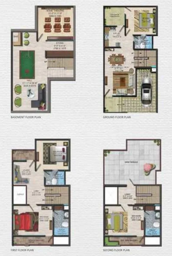 Supertech Golf Country Villas — A complete floor plan layout showing basement, ground, first, and second floor with bedroom, kitchen and living room.