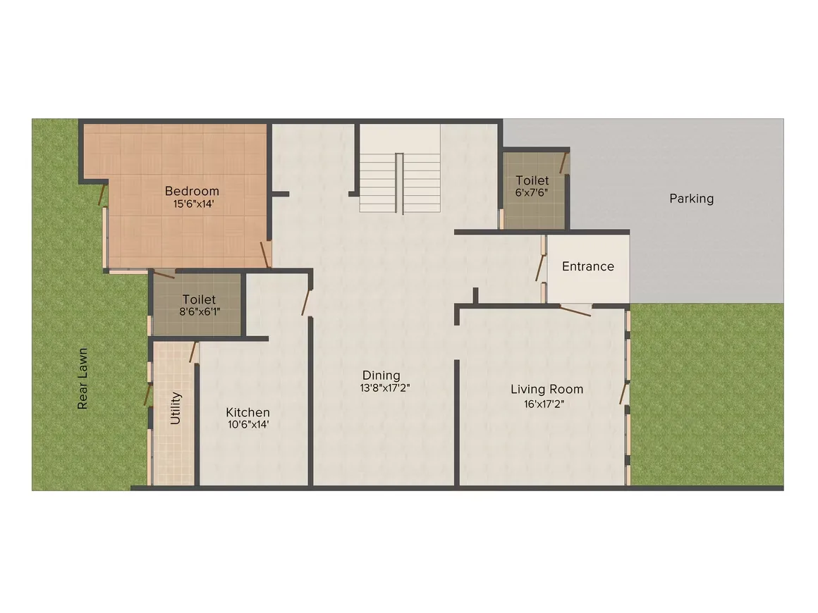 Aadhar Dew Drops Villas — Floorplan showing a layout with a bedroom, two toilets, kitchen, dining, living room, entrance, parking, utility, and rear lawn.