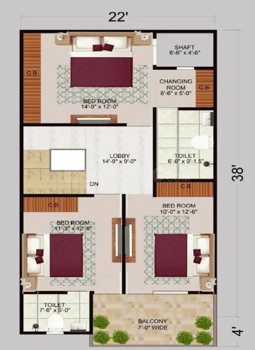 Rexman Divine Luxury Prime Villa — Floor plan showing three bedrooms, three bathrooms, a lobby, a changing room, a shaft, and a balcony