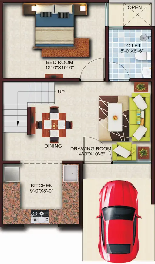 Krishna Orchid Villas ground floor plan with bedroom, drawing room, dining, kitchen and car parking