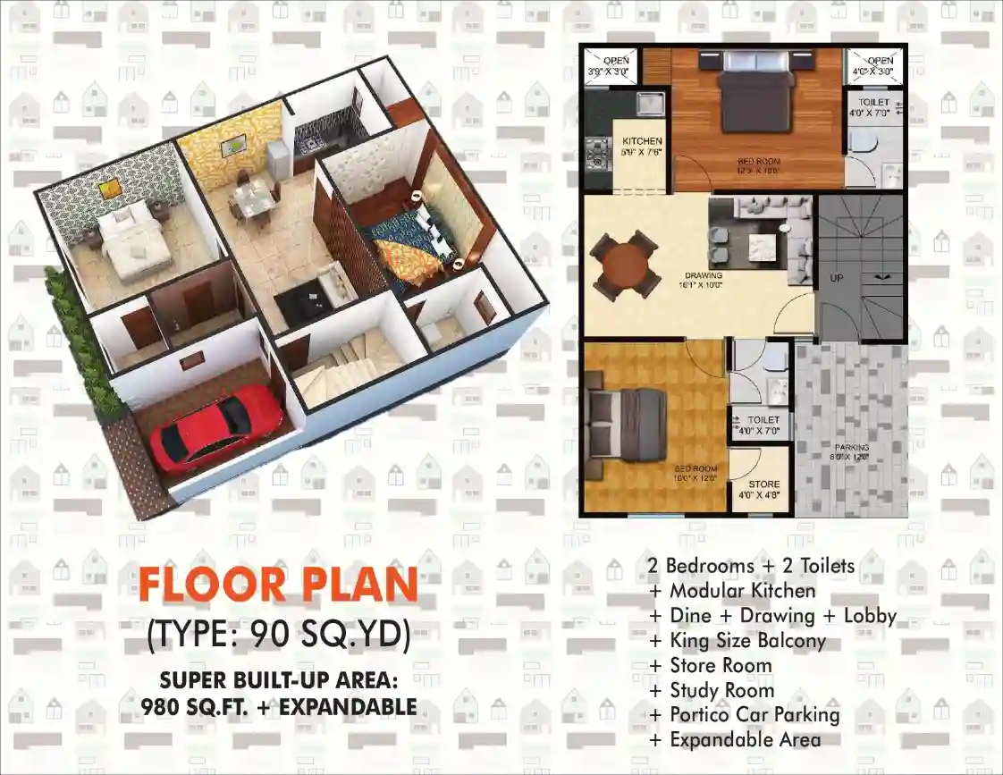 Divine Residency 90 sq yd floor plan with 3D isometric and ground floor plan
