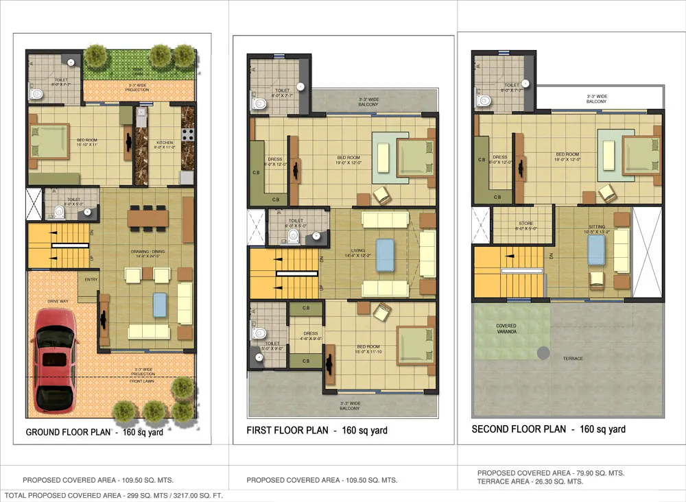 Gaur Yamuna City 100 sq yard villa 2039 sq ft floor plan across ground, first and second floors.