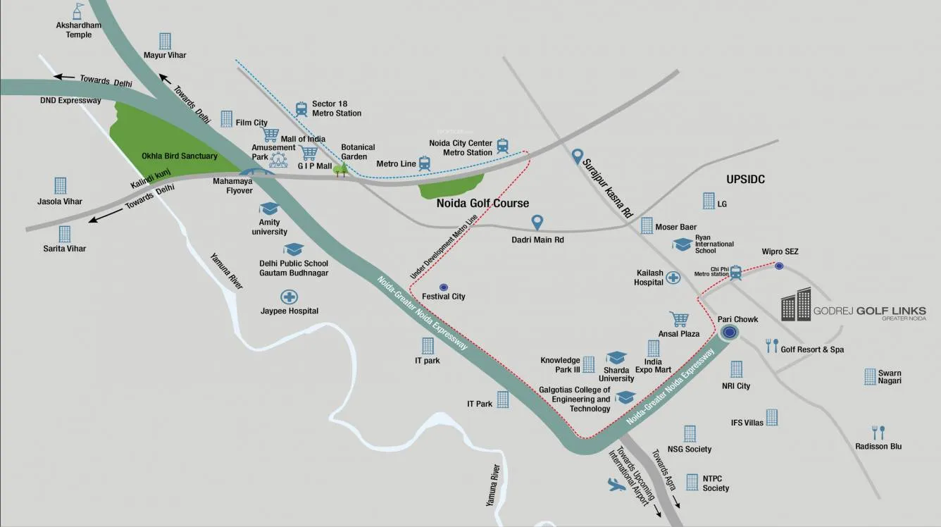 Godrej Golf Links location map Greater Noida with Pari Chowk, Sharda University, Galgotias, Kailash Hospital and Aqua Line metro extension.