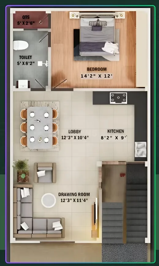 The Heritage Villas — Floorplan showing a bedroom, toilet, OTS, lobby, kitchen, drawing room, and stairs with dimensions