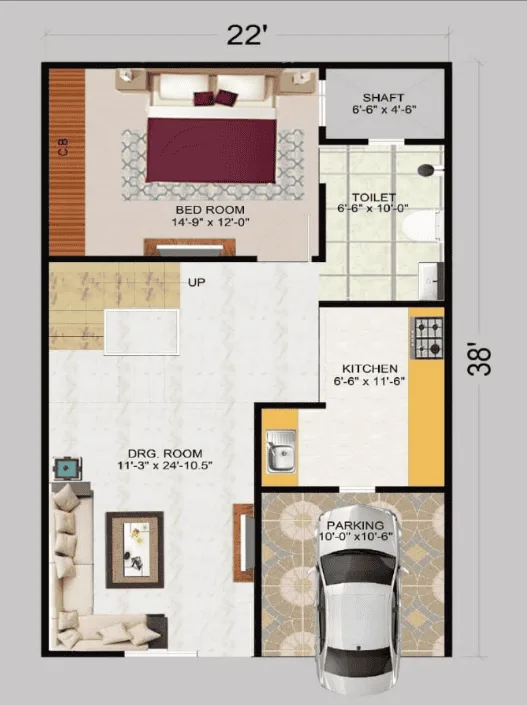 Rexman Divine Luxury Prime Villa — Floor plan illustration with bedroom, toilet, kitchen, drawing room, shaft, and parking area with dimensions.