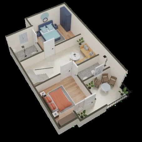 Arsh Green Villa 2 — 3D floor plan rendering of a two-story residential unit with bedrooms, living areas, and a balcony