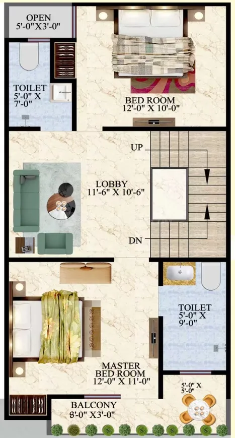 IBP Windsor Valley — Floor plan showing two bedrooms, two toilets, a lobby, an open area, and a balcony. Dimensions are included.