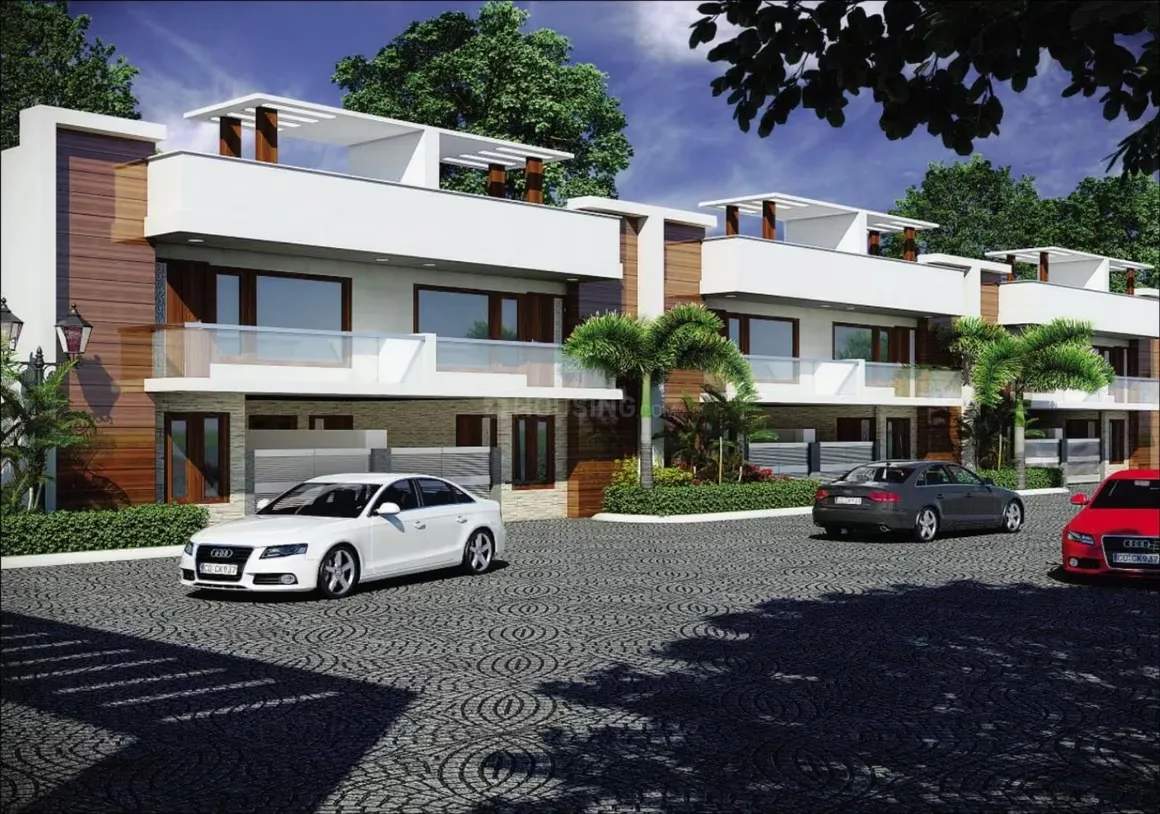 AKJ Real Infra Novel Valley — A row of modern render villas with white facades, wooden accents, balconies, and cars parked on a textured driveway.