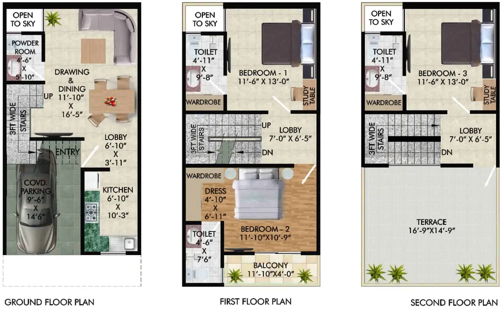 Ashoka Greens Villas floor plan variant C across ground, first and second floors