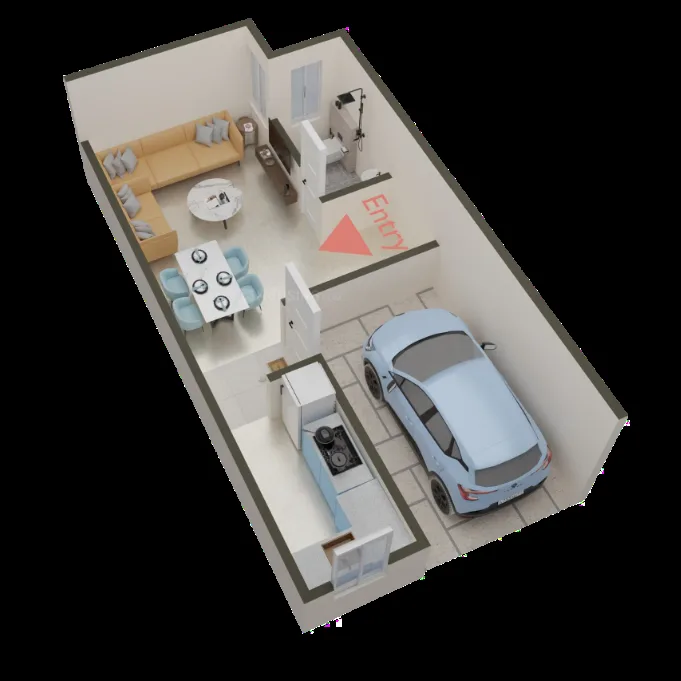 SK Sunshine Villa — 3D floor plan rendering showing a living room, dining area, kitchen, bathroom, and car parking space on the ground floor.