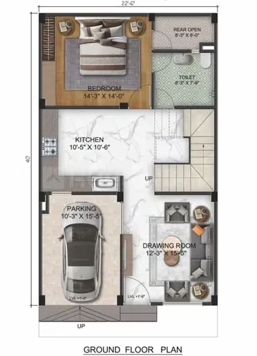 Shree Shyam Luxury Villas — Ground floor plan showing bedroom, kitchen, toilet, parking, drawing room, and rear open area with dimensions.