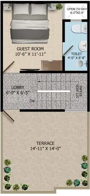 SK Sunshine Villa — Floor plan showing a guest room, toilet, lobby, stairs, and a terrace with dimensions.
