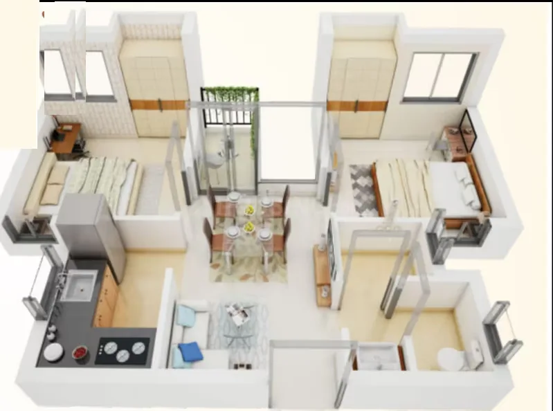 OMR Green Homes — 3D render of a floor plan with two bedrooms, living room, dining area, kitchen, and balcony.