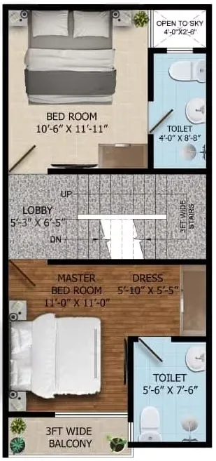 SK Sunshine Villa — Floorplan showing a bedroom, toilet, lobby, master bedroom with dress area, another toilet, and a 3ft wide balcony.