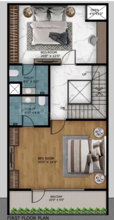 Paradise Krishna Vatika Luxurious Villas — Floorplan for the first floor, showing two bedrooms with attached toilets, and a balcony.